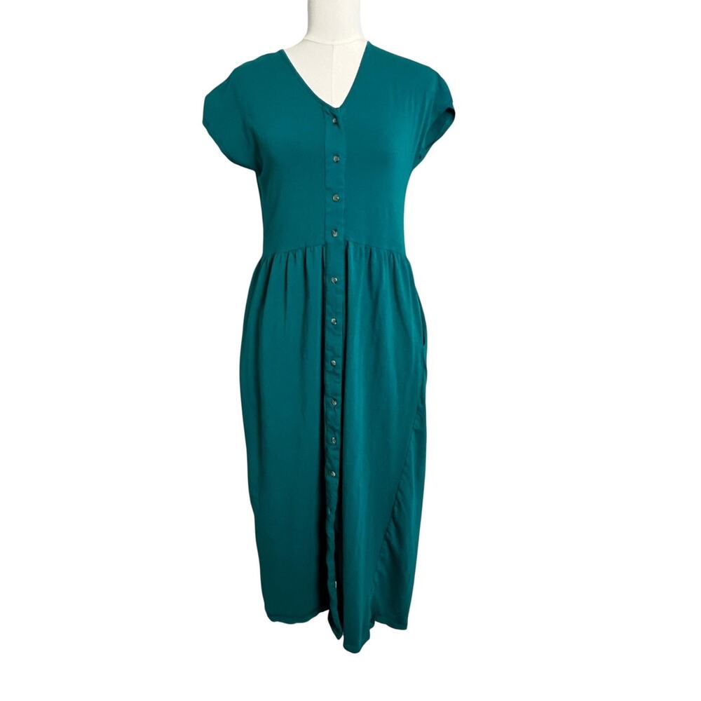 Elegantees Fit & Flare Midi Dress Womens Medium Green Button Front Pockets